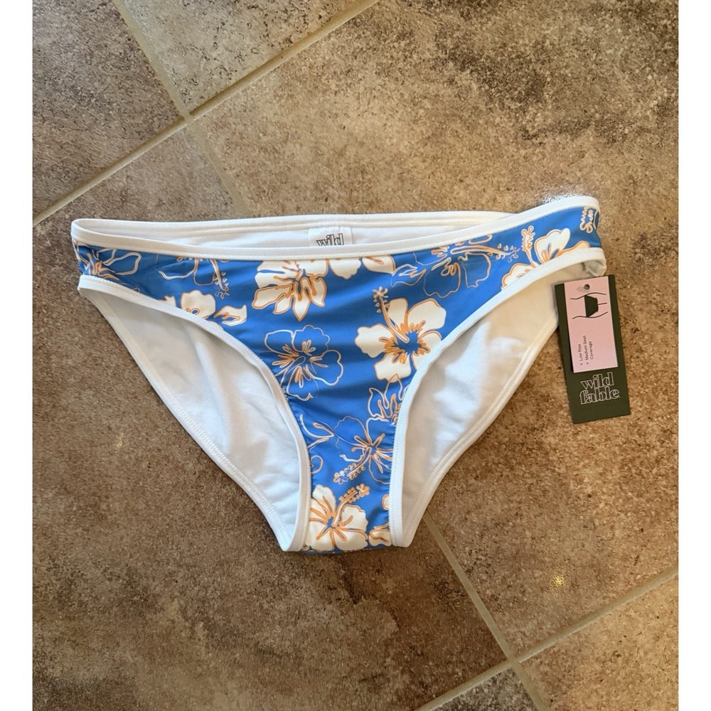 Wild Fable Blue & Orange White Hawaiian Pattern Print Bikini Bottom Size M NWT